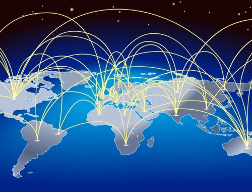 A world map background with flight paths or trade routes